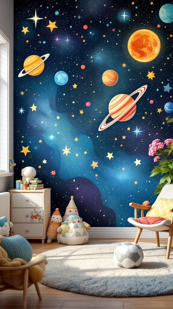 Space Themed Kids Room with LED Planet Mobile