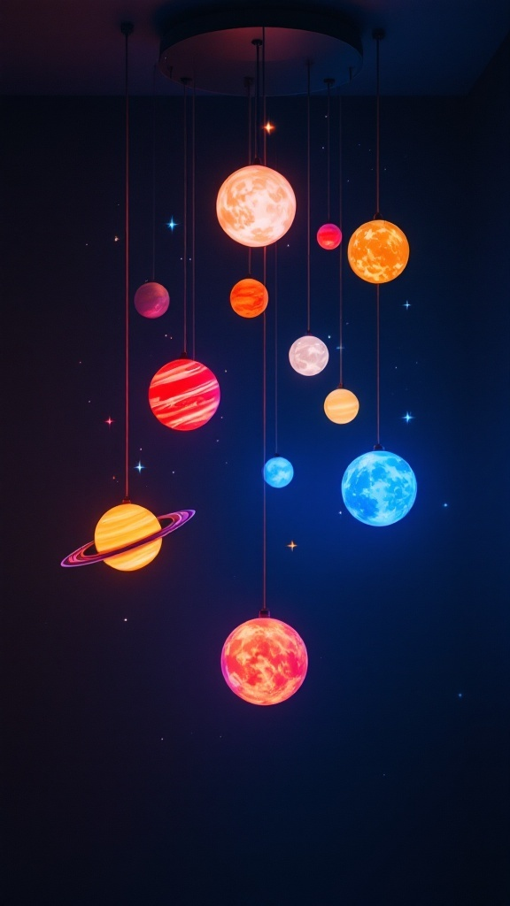 Space Themed Kids Room with LED Planet Mobile
